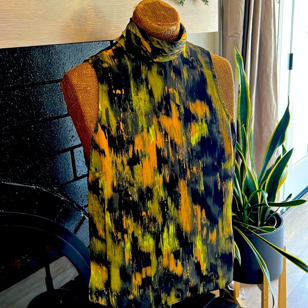 Silky turtleneck, multicolor top.